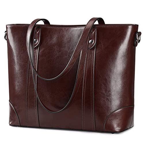 S-ZONE Damen Schultertasche 15,6 Inch Laptoptasche Große Leder Shopper Arbeitstasche Umhängetasche Handtasche mit Gepolstertem Laptopfach von S-ZONE