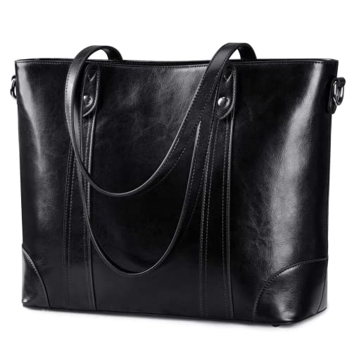 S-ZONE Damen Schultertasche 15,6 Inch Laptoptasche Große Leder Shopper Arbeitstasche Umhängetasche Handtasche mit Gepolstertem Laptopfach von S-ZONE