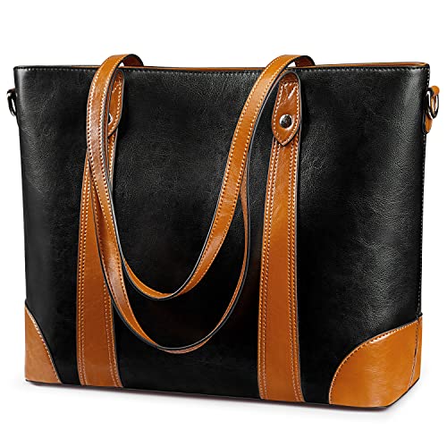 S-ZONE Damen Schultertasche 15,6 Inch Laptoptasche Große Leder Shopper Arbeitstasche Umhängetasche Handtasche mit Gepolstertem Laptopfach von S-ZONE