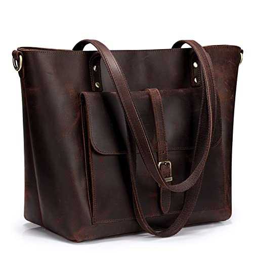 S-ZONE Damen Schultertasche Vintage Echtes Leder Groß Shopper Handtasche Henkeltasche Laptoptasche Arbeit Schule Einkaufen Reise von S-ZONE