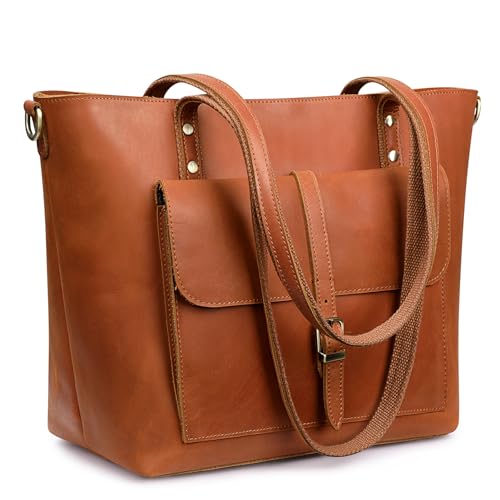 S-ZONE Damen Schultertasche Vintage Echtes Leder Groß Shopper Handtasche Henkeltasche Laptoptasche Arbeit Schule Einkaufen Reise von S-ZONE