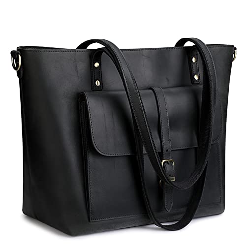 S-ZONE Damen Schultertasche Vintage Echtes Leder Groß Shopper Handtasche Henkeltasche Laptoptasche Arbeit Schule Einkaufen Reise von S-ZONE