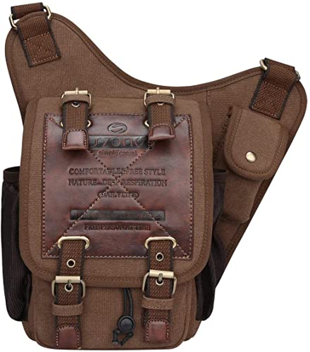 S-ZONE Herren Schultertasche Vintage Canvas PU Leder Crossbody Sling bag Brusttasche Military Sporttasche Multipurpose Rucksack für Reise Wandern Schule Freizeit von S-ZONE