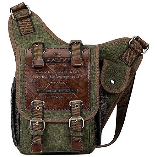 S-ZONE Unisex Herren Brusttasche Vintage Canvas PU Leder Militär Multifunktionale Schultertasche für Reise Wandern Schule von S-ZONE