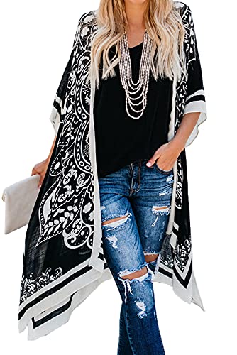 S-kini Damen Kimono Cardigan Sommer Strandkleid Lang Chiffon Strandponcho Pareo Boho Bikini (Schwarz) von S-kini