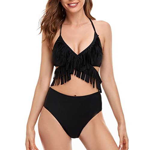 S-kini mädchen Bikini Set Mutter und Tochter Bademode Gepolstert Neckholder Zweiteilige Badeanzug Familie Strandkleidung (Schwarz-Fransen, 10-12) von S-kini