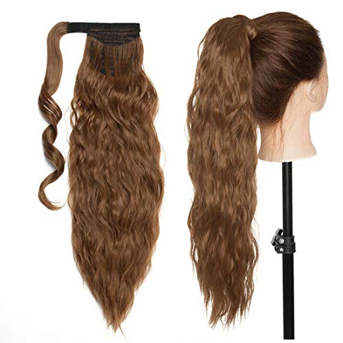 S-noilite 50cm Maiswelle Clip in Extensions Pferdeschwanz Haarverlängerung Magische Paste Gewellt Wrap Around Ponytail Haarteil für Frauen Hellbraun von S-noilite