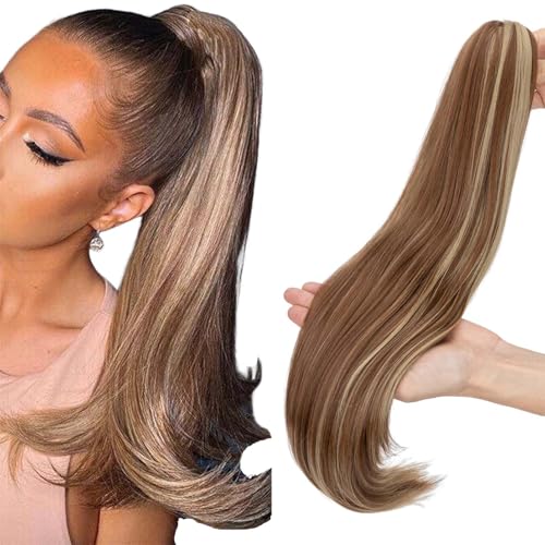 55 cm Kralle an Pferdeschwanz Extensions Lockig Clip in Ponytail Wavy Curly Synthetik Haare Extensions Haarverlängerung Zopf Haarteil Ponytail für Frauen Hellbraun & Aschblond von S-noilite