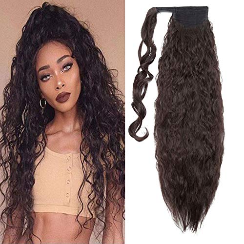 Clip in Extensions Pferdeschwanz Haarverlängerung Wie Echthaar Magische Paste Wrap Around Ponytail Haarteil für Frauen 66cm Gewellt Dunkelbraun von S-noilite