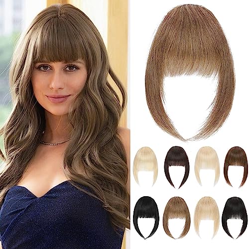 Clip in Pony Echthaar 100% Remy Haar Curved Bangs mit Schläfen - Clip in Bangs Haarteile Echthaar für Frauen 14g #6 Hellbraun von S-noilite