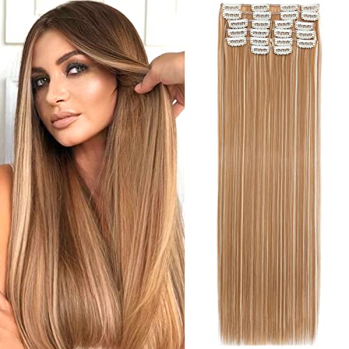 S-Noilite Clip in Extensions 56 cm 12 Teiliges Haarverlängerungen Glattes Haar Clip Extensions Synthetik Lang Haarextension Clips Haarteile für Damen - Dunkelblond & Bleichblond von S-noilite