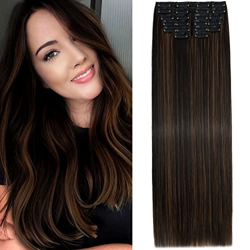 S-Noilite Clip in Extensions 56 cm 12 Teiliges Haarverlängerungen Glattes Haar Clip Extensions Synthetik Lang Haarextension Clips Haarteile für Damen - Dunkelbraun & Hellrotbraun von S-noilite