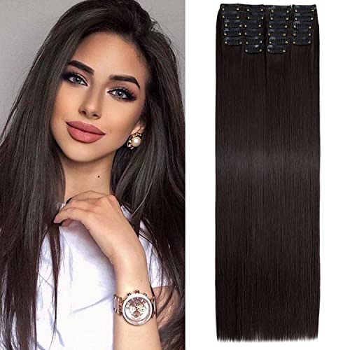 S-Noilite Clip in Extensions 56 cm 12 Teiliges Haarverlängerungen Glattes Haar Clip Extensions Synthetik Lang Haarextension Clips Haarteile für Damen - Dunkelbraun von S-noilite