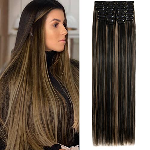 S-Noilite Clip in Extensions 56 cm 12 Teiliges Haarverlängerungen Glattes Haar Clip Extensions Synthetik Lang Haarextension Clips Haarteile für Damen - Naturschwarz & Dunkelblond von S-noilite