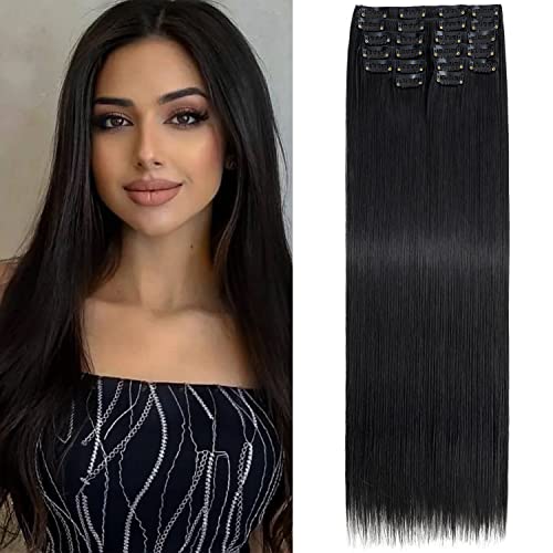 S-Noilite Clip in Extensions 56 cm 12 Teiliges Haarverlängerungen Glattes Haar Clip Extensions Synthetik Lang Haarextension Clips Haarteile für Damen - Naturschwarz von S-noilite