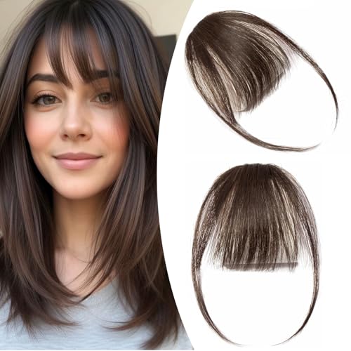 S-noilite Clip in Pony Dünner Wispy Pony mit Schläfen - 100% Echthaar Remy Haar Clip in Bangs Haarteile Echthaar für Damen 3g #2 Dunkelbraun von S-noilite