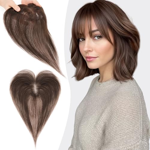 S-noilite Echthaar Toupets für Frauen Dunkelbraun - 9x12cm T-Sharp Haar Toppers Clip in Haarteile Echthaar mit Wispy Pony 13 Gramm von S-noilite