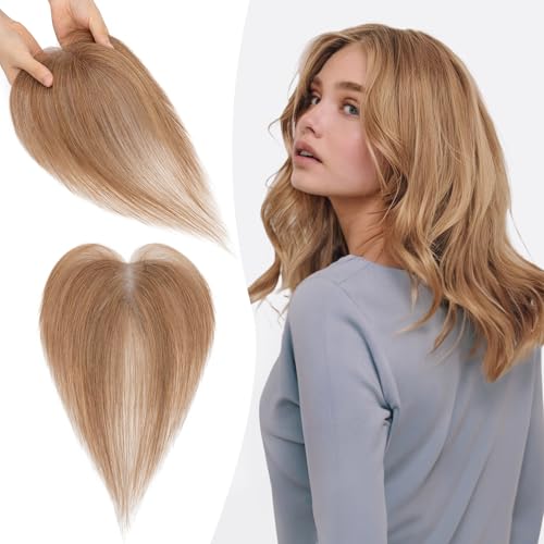 S-noilite Echthaar Toupets für Frauen Hellbraun - 9x12cm T-Sharp Haar Toppers Clip in Haarteile Echthaar mit Seitenpony 13 Gramm von S-noilite