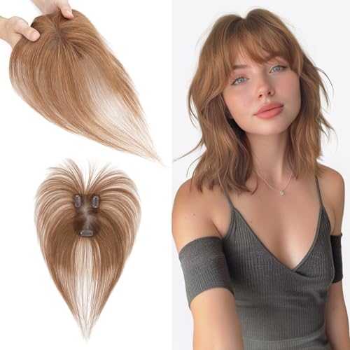 S-noilite Haar Toppers Echthaar Hellbraun - Toupet für Frauen mit Wispy Pony 100% Echthaar Clip in Haarteile für Dünnes Haar 14 Gramm 27cm von S-noilite