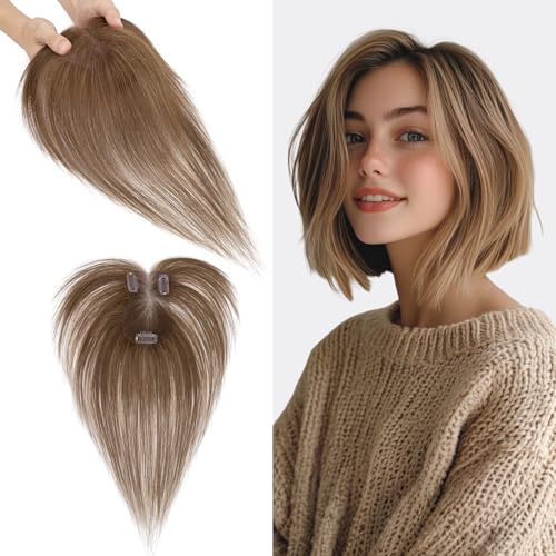 S-noilite Haar Toppers Echthaar Mittelbraun - Toupet für Frauen mit Seitenpony 100% Echthaar Clip in Haarteile für Dünnes Haar 14 Gramm 27cm von S-noilite