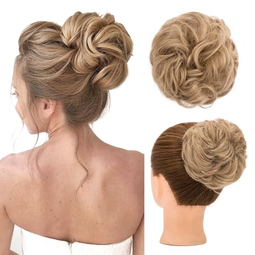 S-noilite Haarteil Mit Gummiband,Groß Dutt Haarteil Haarverlängerung Gewellt Gelockt Unordentlicher Dutt Haarknoten Pferdeschwanz für Frauen Mädchen, 30g Dunkelblond von S-noilite