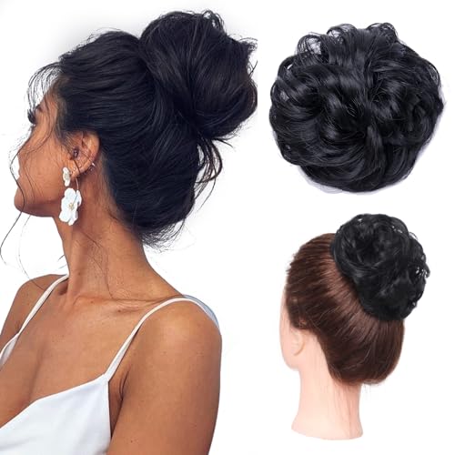 S-noilite Haarteil Mit Gummiband,Groß Dutt Haarteil Haarverlängerung Gewellt Gelockt Unordentlicher Dutt Haarknoten Pferdeschwanz für Frauen Mädchen, 40g Schwarz von S-noilite