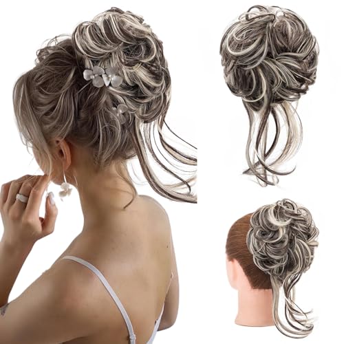 S-noilite Haarteil Mit Gummiband,Groß Dutt Haarteil Haarverlängerung Gewellt Gelockt Unordentlicher Dutt Haarknoten Pferdeschwanz für Frauen Mädchen, 46g Graublond Mixex von S-noilite