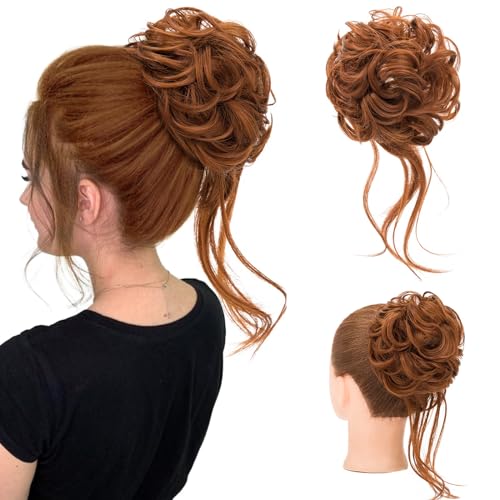 S-noilite Haarteil Mit Gummiband,Groß Dutt Haarteil Haarverlängerung Gewellt Gelockt Unordentlicher Dutt Haarknoten Pferdeschwanz für Frauen Mädchen, 46g Helles Rotbraun von S-noilite
