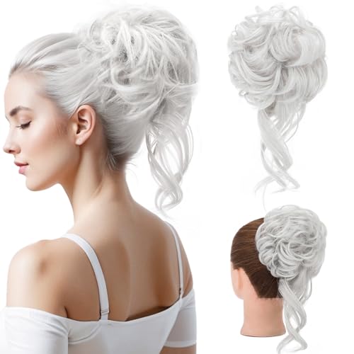 S-noilite Haarteil Mit Gummiband,Groß Dutt Haarteil Haarverlängerung Gewellt Gelockt Unordentlicher Dutt Haarknoten Pferdeschwanz für Frauen Mädchen, 46g Silber-Grau von S-noilite