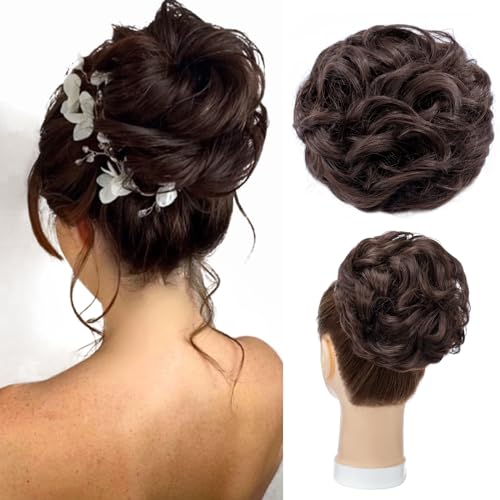 S-noilite Haarteil Mit Gummiband,Groß Dutt Haarteil Haarverlängerung Gewellt Gelockt Unordentlicher Dutt Haarknoten Pferdeschwanz für Frauen Mädchen, 55g Mittelbraun von S-noilite