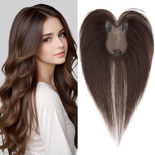 S-noilite Haartopper für Frauen mit dünnem Haar Dunkelbraun 100% echtes menschliches Haar topper mit Seitenpony - Haar Toupet Damen Haarverdichtung 21 Gramm von S-noilite