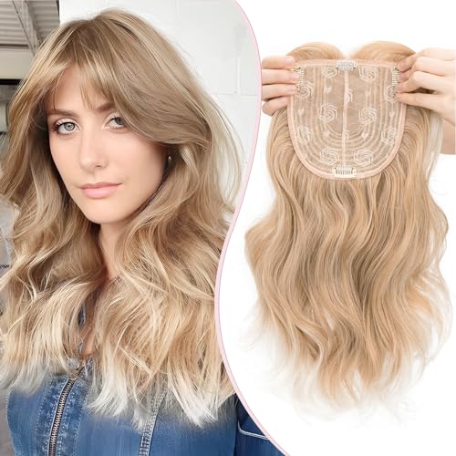 S-noilite Hair Toppers für Frauen,Toupet Toppers Haarverlängerung Haarteile Perücken mit Fransen,Haartopper Basis 15x15cm, Clip in Synthetischen Haarteile, Gewellt 45cm Gemischt Blond bis Weißwurzel von S-noilite