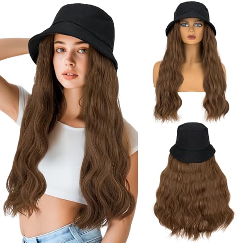 S-noilite Hut Perücke für Frauen, Eimer Hut Perücke mit 45cm lange lockige Welle synthetische Haarverlängerungen, Sonnenhut faltbare Fischer Mütze Perücken für tägliche Casual,Aschbraun von S-noilite