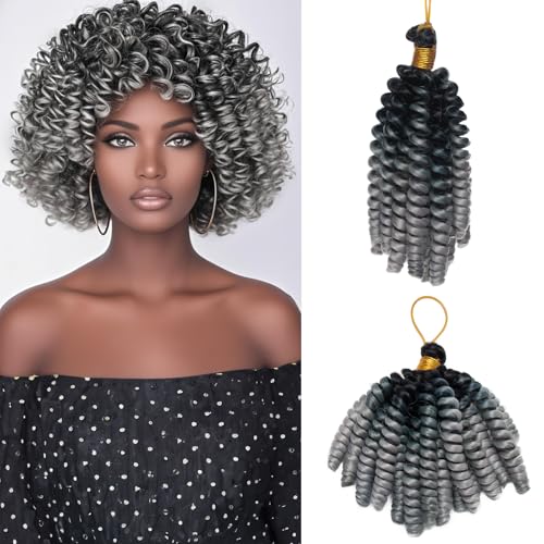S-noilite Jamaican Bounce Häkelhaar 15 cm, Jumpy Wand Curls Häkelhaar, kurz vorgelockt gehäkelte Zöpfe Haarverlängerung, synthetisch für schwarze Frauen, 3 Packung 180 g,Schwarz zu Silbergrau von S-noilite