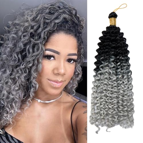 S-noilite Lockiges Flechthaar, Marlybob Häkelzöpfe Haarverlängerung 35 cm Wasserwelle Afro Kinky Jerry Curl Vorgedehntes Ombre Flechthaarteil für schwarze Frauen, 1 Pack 100 g,Schwarz zu Silbergrau von S-noilite