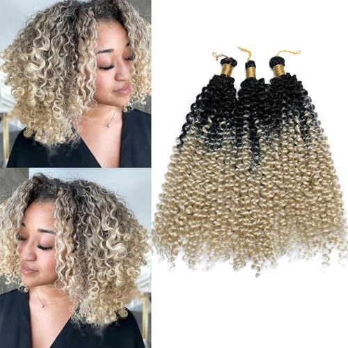 S-noilite Lockiges Flechthaar, Marlybob Häkelzöpfe Haarverlängerung 35 cm Wasserwelle Afro Kinky Jerry Curl Vorgedehntes Ombre Flechthaarteil für schwarze Frauen, 1 Packung 100 g,Schwarz zu Blond von S-noilite