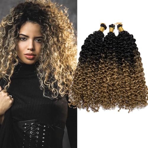 S-noilite Lockiges Flechthaar, Marlybob Häkelzöpfe Haarverlängerung 35 cm Wasserwelle Afro Kinky Jerry Curl Vorgedehntes Ombre Flechthaarteil für schwarze Frauen, 3 Packung 300 g,Schwarz zu Hellbraun von S-noilite