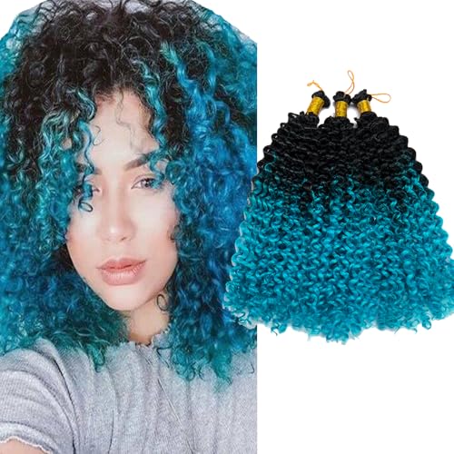 S-noilite Lockiges Flechthaar, Marlybob Häkelzöpfe Haarverlängerung 35 cm Wasserwelle Afro Kinky Jerry Curl Vorgedehntes Ombre Flechthaarteil für schwarze Frauen, 3 Packung 300 g,Schwarz zu Seeblau von S-noilite