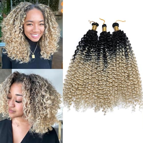 S-noilite Lockiges Flechthaar, Marlybob Häkelzöpfe Haarverlängerung 35 cm Wasserwelle Afro Kinky Jerry Curl Vorgedehntes Ombre Flechthaarteil für schwarze Frauen, 3 Packung 300 g,Schwarz zu Blond von S-noilite