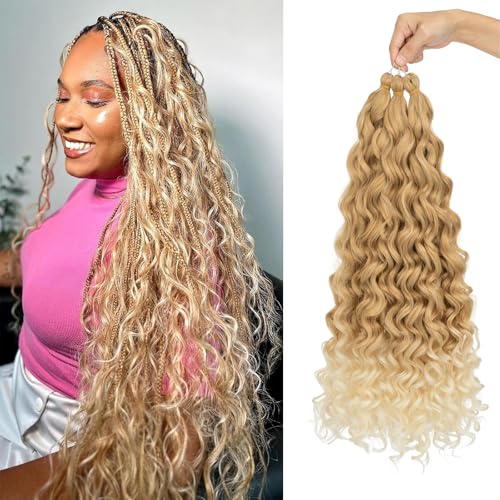 S-noilite Lockiges Flechthaar für Boho-Zöpfe, 60 cm, ozeangewelltes Häkelhaar Lang Tief Gewellt, Nass und Gewellt, vorgestrecktes Flechthaar für Schwarze Frauen,3 Pack 348g,Braun bis Auburn von S-noilite