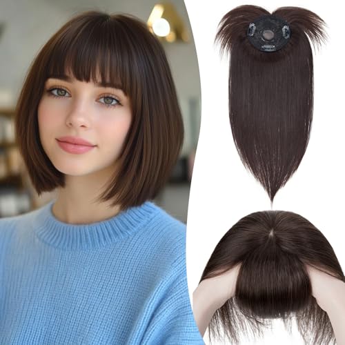 S-noilite Topper für Frauen Echthaar mit Pony 150% Dichte Toupet Haarteil Echthaar Damen Haarverdichtung für Dünnes Haar Mono Basis 15cm - 26g #2 Dunkelbraun von S-noilite