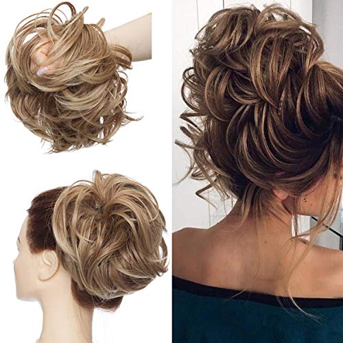 Tousled Updo Messy Bun Haarteil Haargummis Haarverlängerung Pferdeschwanz mit elastischen Haarteil Hair Extensions für Frauen Hellbraun bis aschblond von S-noilite