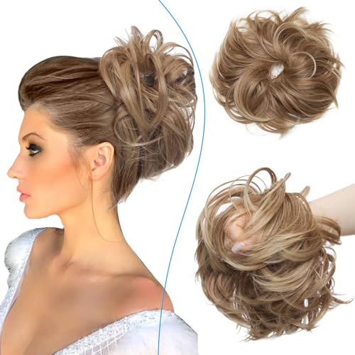 Updo Hair Extensions Ponytail Haarteil Dutt Haargummi mit Haaren Glatt Haarknoten Hochsteckfrisuren Haarverlängerung für Frauen 80g Hellbraun bis aschblond von S-noilite