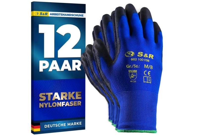 S&R Arbeitshandschuhe 12 Paar aus Nylonfaser mit Polyurethanbeschichtung (Set, 24-St., 12 Paar XL / 10) geeignet für den privaten und gewerblichen Gebrauch von S&R