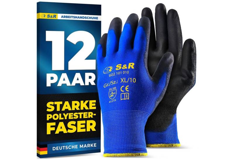 S&R Arbeitshandschuhe aus Polyesterfaser mit Polyurethanbeschichtung, flexible, Gr. XL / 10 (Set, 24-St., 12 Paar XL / 10) geprüfte Arbeitshandschuhe, für den privaten und gewerblichen Gebrauch von S&R