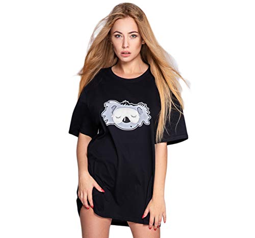 S& SENSIS angesagtes und hochwertiges Baumwoll-Nachthemd (Made in EU) Sleepshirt mit modischem Print (Einheitsgröße, Schwarz mit Koala) von S& SENSIS