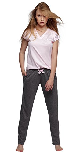 S& SENSIS edler Baumwoll-Pyjama (Made in EU) Hausanzug aus schickem Oberteil und toller Hose, Gr. L (40), Rosa-Dunkelgrau von S& SENSIS