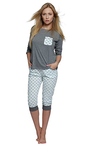 S& SENSIS edler Baumwoll-Pyjama Hausanzug (Made in EU) aus wunderschönem Oberteil und toller Hose in zartem Design, Gr. S (36), Grau/Weiß mit Sternen von S& SENSIS