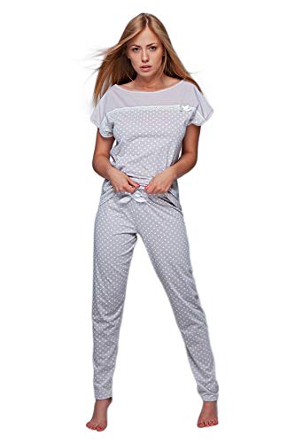 S& SENSIS edler Baumwoll-Pyjama Hausanzug (Made in EU) aus wunderschönem Oberteil und toller Hose in zartem Design, Gr. L (40), Hellgrau mit Punkten von S& SENSIS