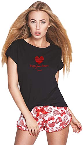 S& SENSIS edler Baumwoll-Pyjama Hausanzug (Made in EU) aus wunderschönem Oberteil und toller Hose in zartem Design (XL (42), Schwarz/Weiß/Rot mit Herzen) von S& SENSIS